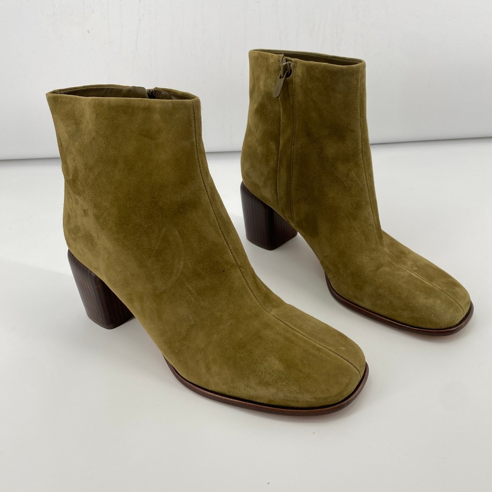 Vince Ankle Boots Women‎ 9.5 Olive Green Suede Block Heel Square Toe Side Zip
